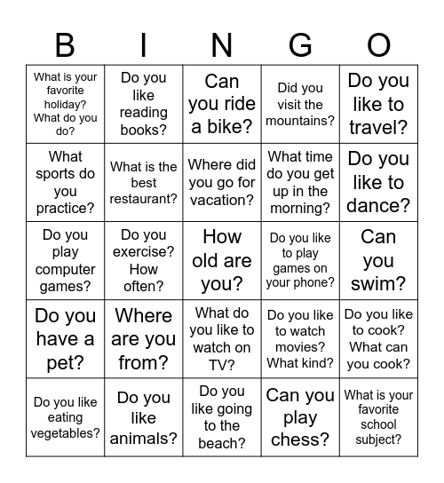 Getting to know you questions Bingo Card