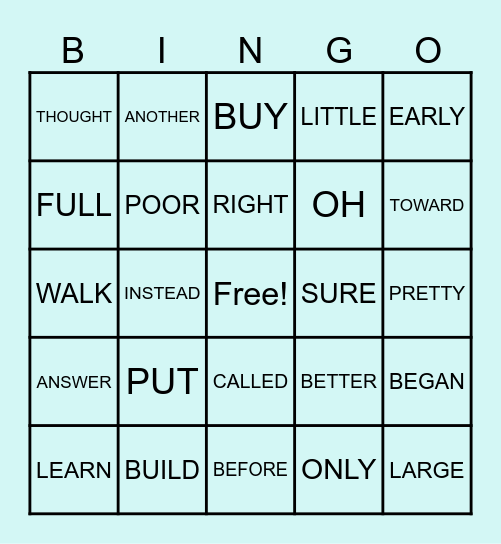 SIGHT WORD BINGO Card