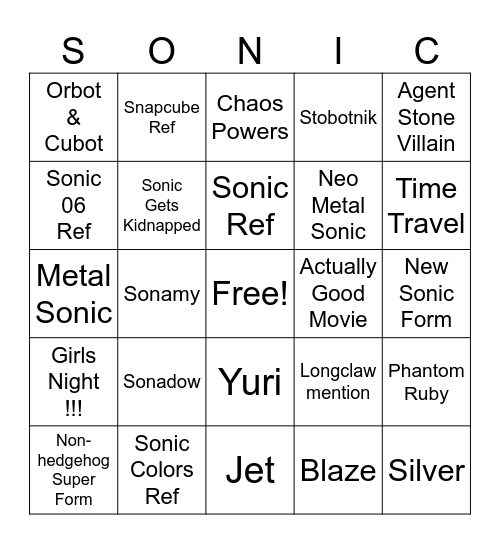 Sonic 4 Bingo Card