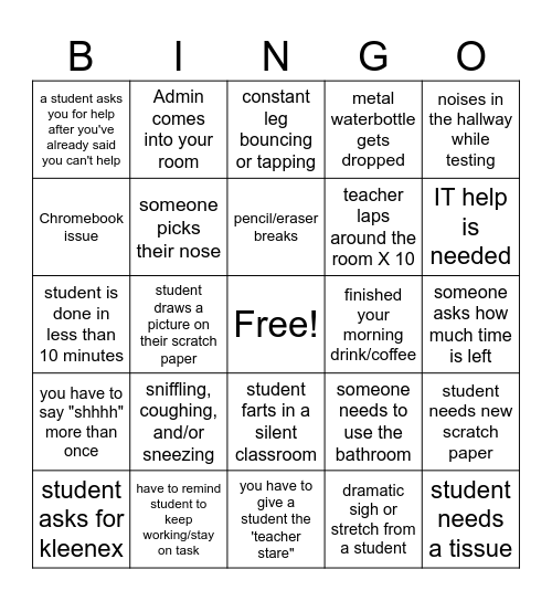 State Testing Bingo Card