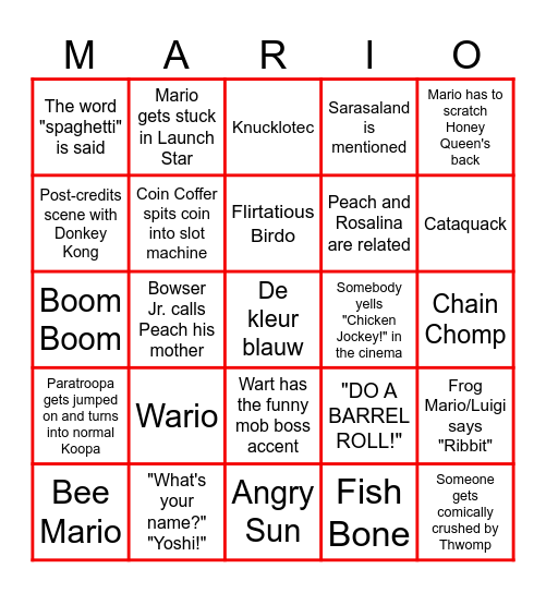 Super Mario Galaxy Movie Bingo Card