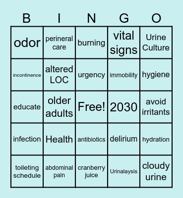 Older Adult UTIs BINGO Card