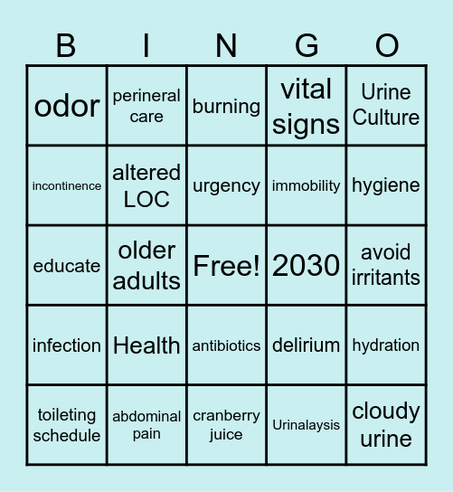 Older Adult UTIs BINGO Card