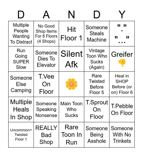 Dandy's World Public Run Experience Bingo Card