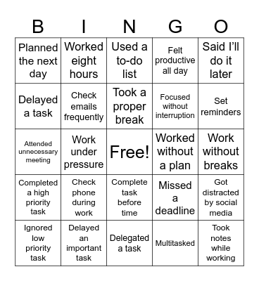 Time management Bingo Card