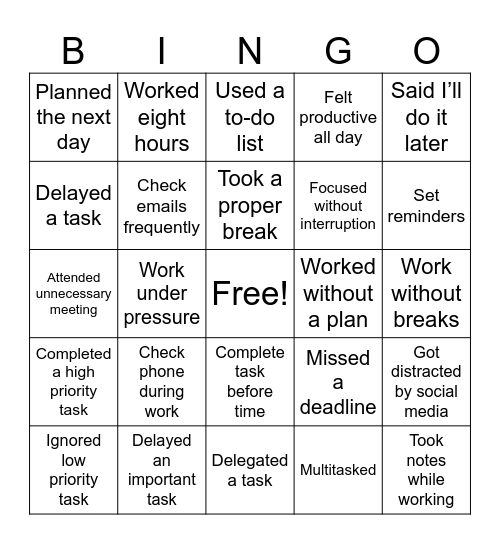 Time management Bingo Card