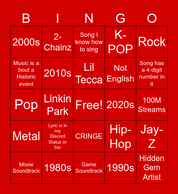 Spotify Bingo Card