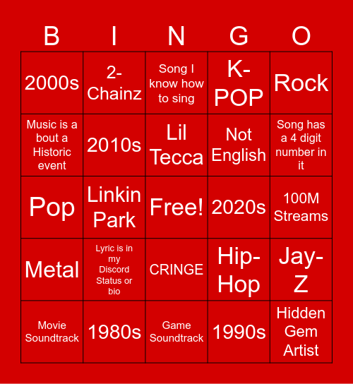 Spotify Bingo Card