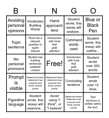 AICE Discursive Writing Paper 1 Bingo Card