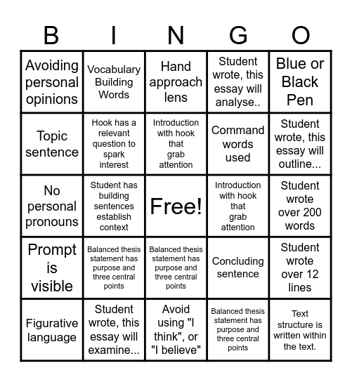 AICE Discursive Writing Paper 1 Bingo Card