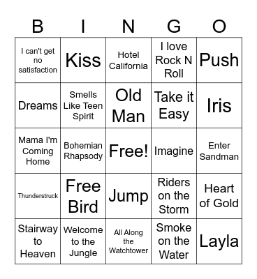 Rock N Roll Bingo Card