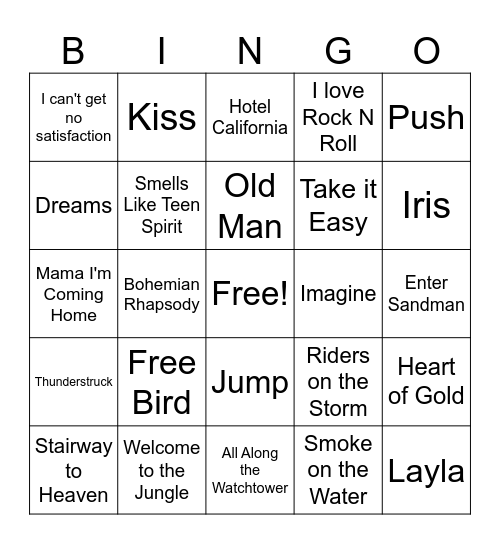 Rock N Roll Bingo Card