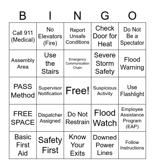 Safety BINGO Card