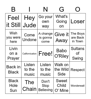 Rock N Roll Bingo Game 2 Bingo Card