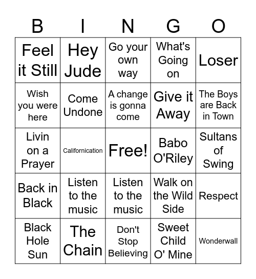 Rock N Roll Bingo Game 2 Bingo Card