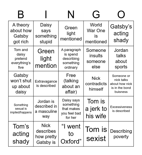 Gatsby bingo Card