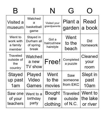 Spring Break Bingo Card