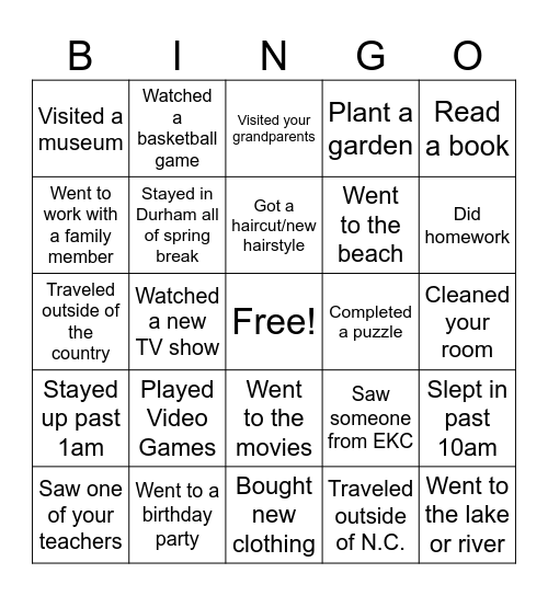 Spring Break Bingo Card