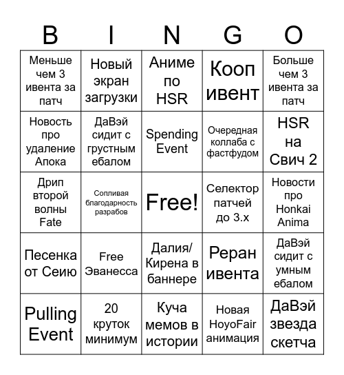 ХСР стрим разрабов 4.2 Bingo Card
