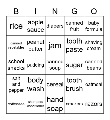 Food Bank Bingo Card