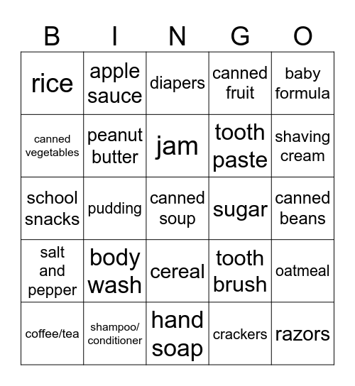 Food Bank Bingo Card