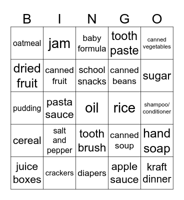 Food Bank Bingo Card