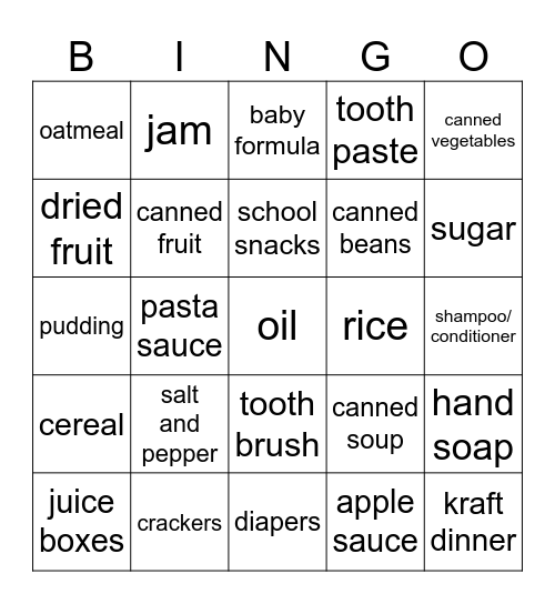 Food Bank Bingo Card