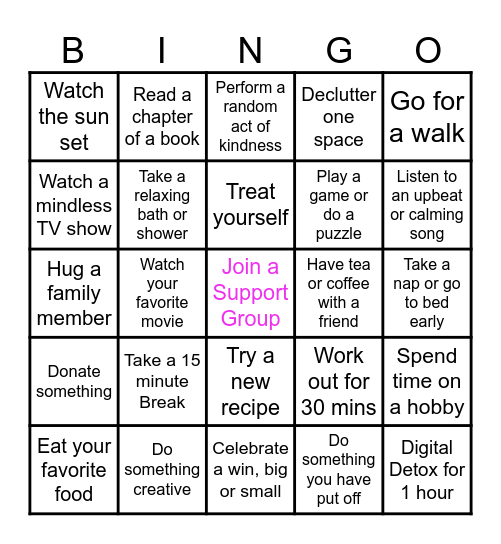 Self Care Bingo Card