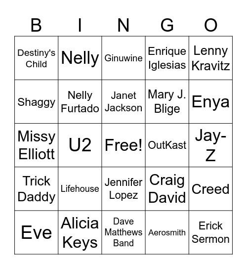 Artists On The Billboard Year-End 2001 Bingo Card