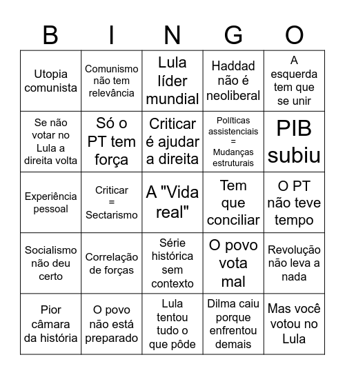 Bingo Petista Bingo Card