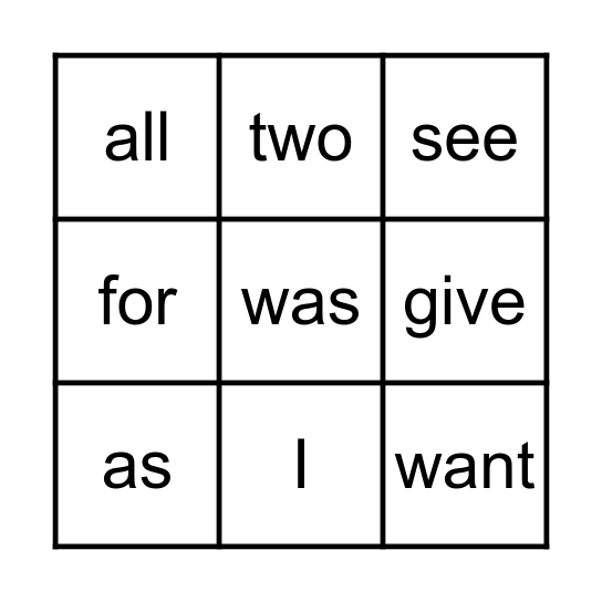 High Frequency Words Bingo Card