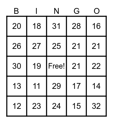 Division Bingo Card