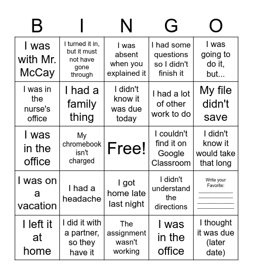Louis Excuses Bingo Board Bingo Card