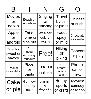 This or That Bingo Card