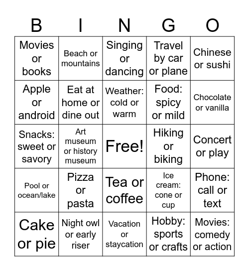 This or That Bingo Card