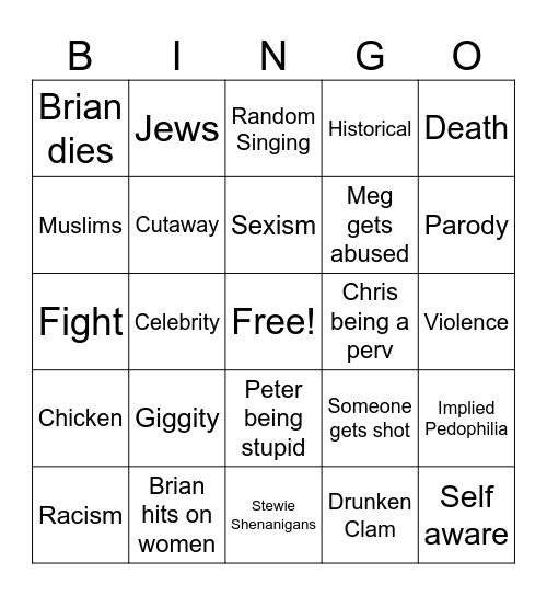 Family Guy Bingo Card