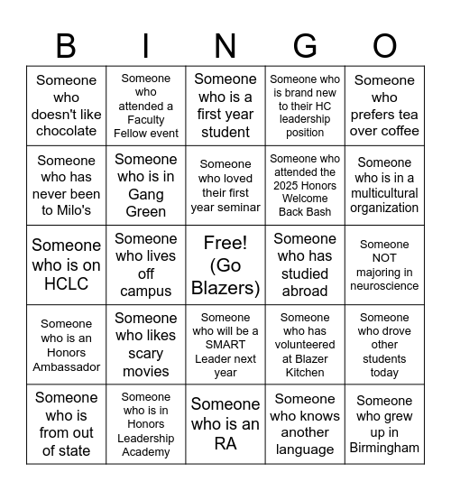 HC Student Leadership Bingo Card
