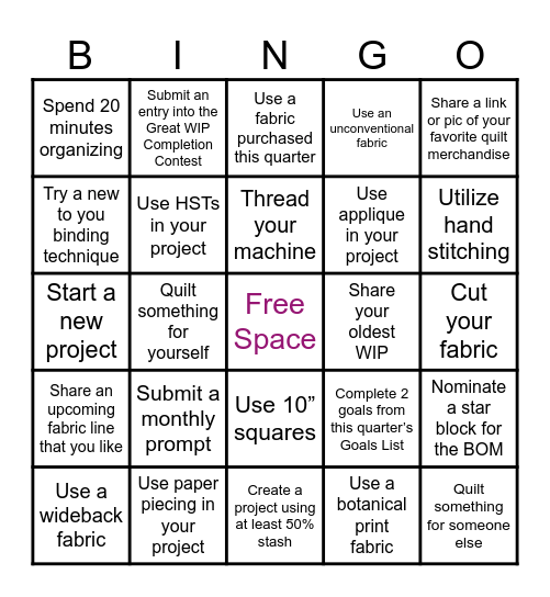 2026 Quiltalong Bingo - Q2 Bingo Card