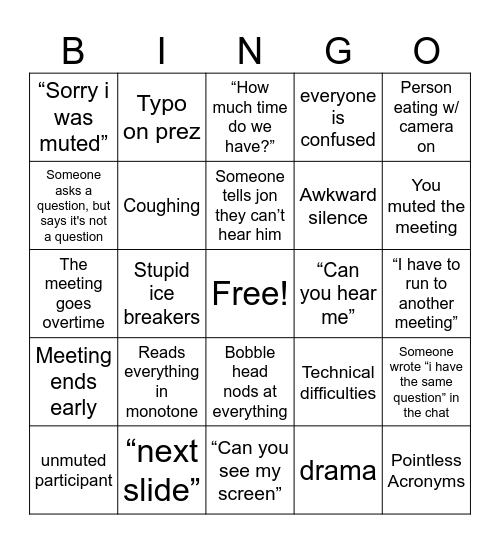 meetings Bingo Card