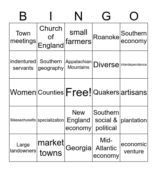 Colonial America Bingo Card