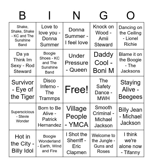 70s/80s Bingo Card