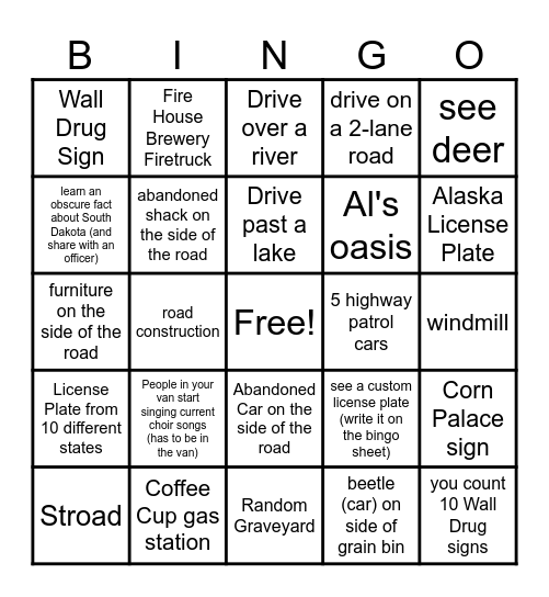 Choir Tour 2026 Bingo Card