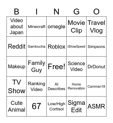 YouTube Shorts Bingo Card
