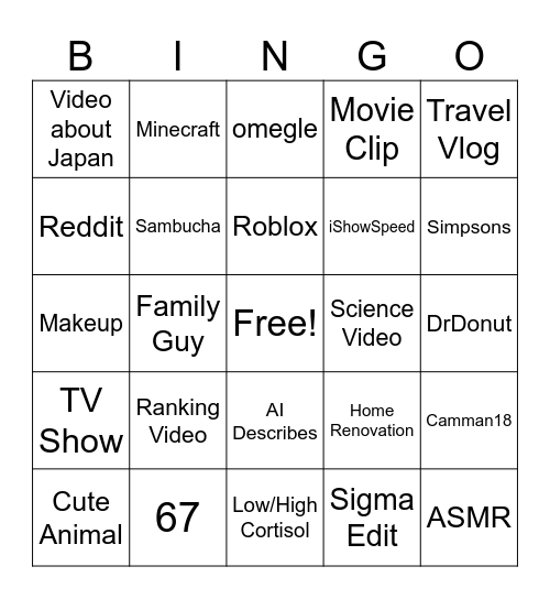 YouTube Shorts Bingo Card
