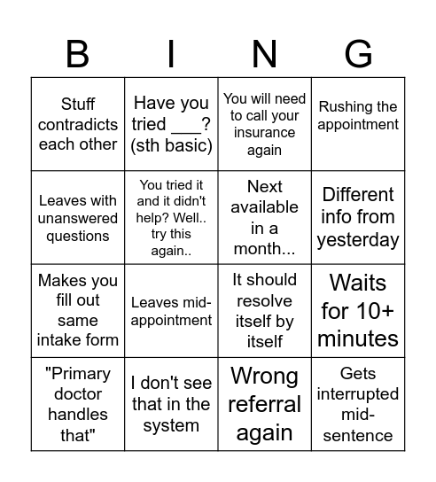 Doctor Appointment  Bingo: win boba Bingo Card