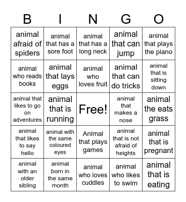 Animal Bingo Card