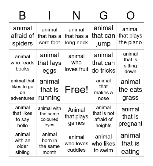 Animal Bingo Card