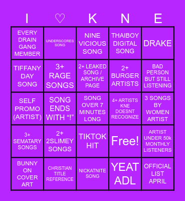 KNE Monthly Mix – April Bingo Card