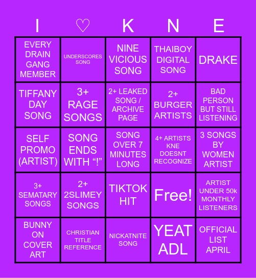 KNE Monthly Mix – April Bingo Card