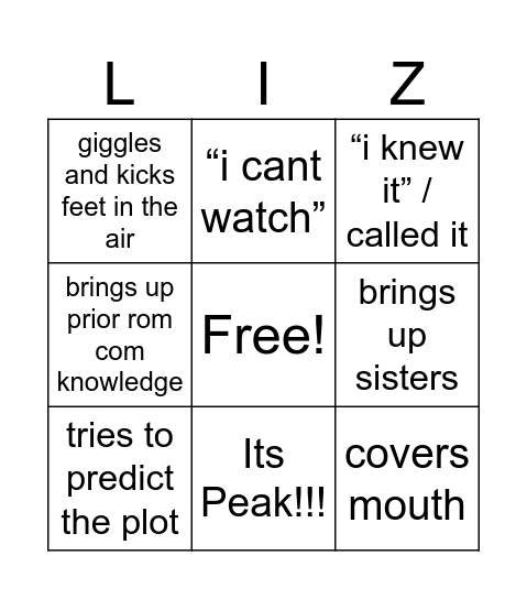 Sawyer Watching RomCom Bingo Card